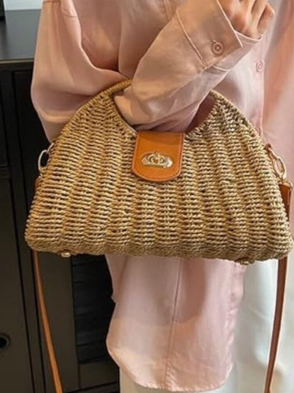 Women's Straw Hand Woven Top Handle Crossbody Tote Bag Summer Beach Purse - Picture 5 of 8